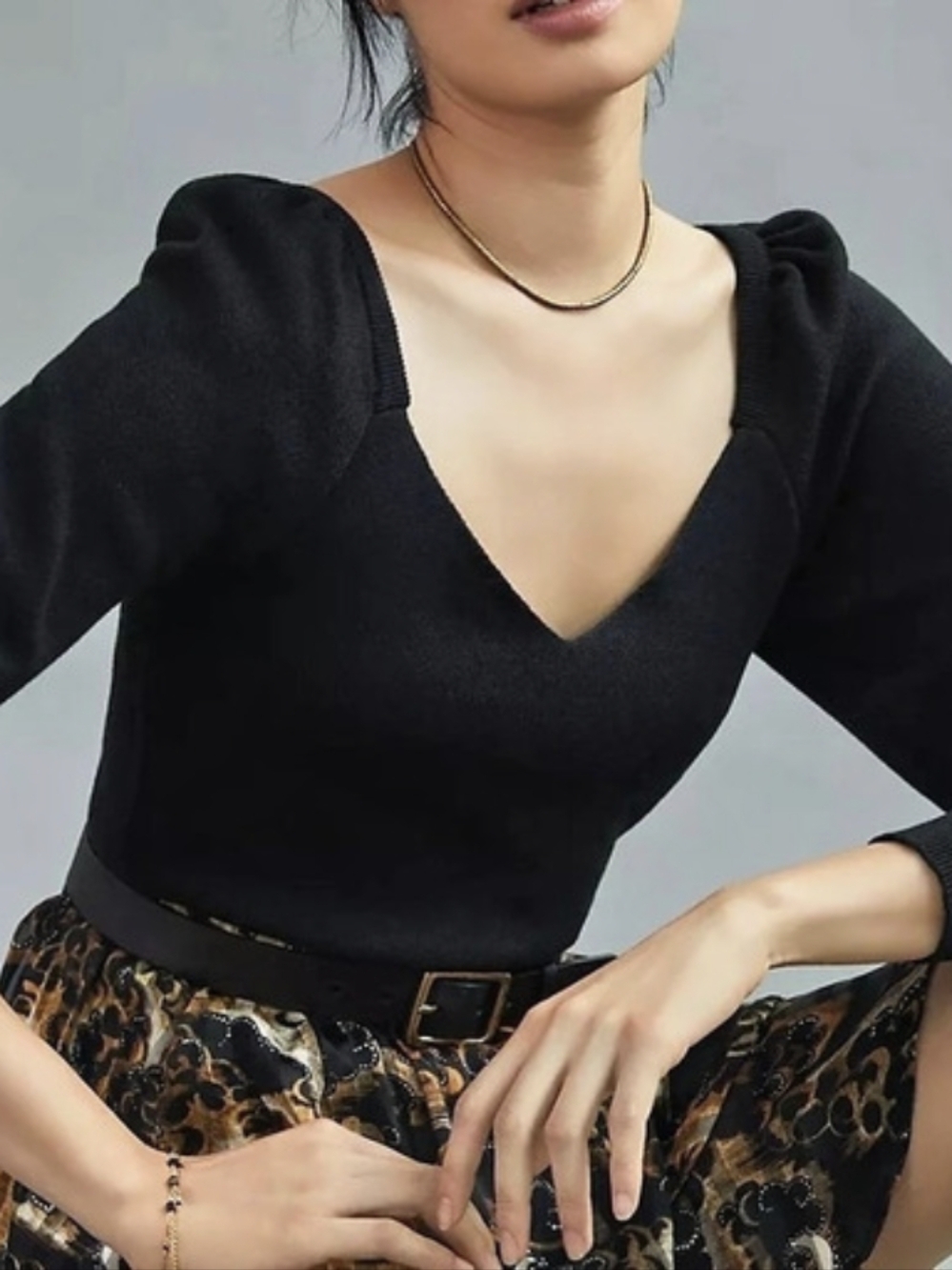 Anthropologie Sweetheart Puff-Sleeved Sweater Black